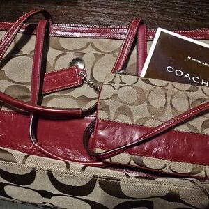 Coach Red and Brown Signature Tote